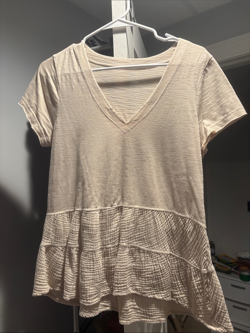 Altar'd State Cream V-Neck Tiered Short Sleeve Top